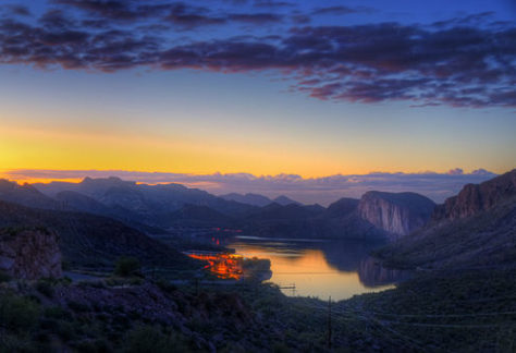 sunset view of canyon lake in Arizona
