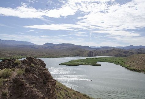 view of beautiful saguaro lake and its mountains